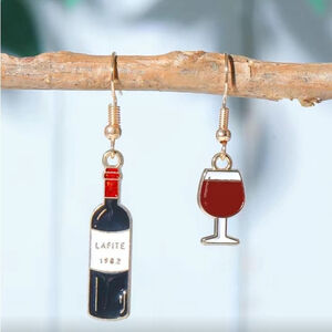 NEW Wine Lover Festive Asymmetrical French Hook Earrings – Bottle & Glass